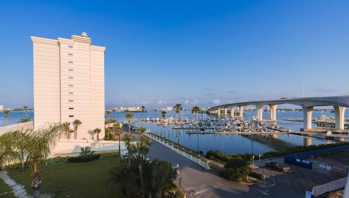 Clearwater, Florida, beach area and bridge.